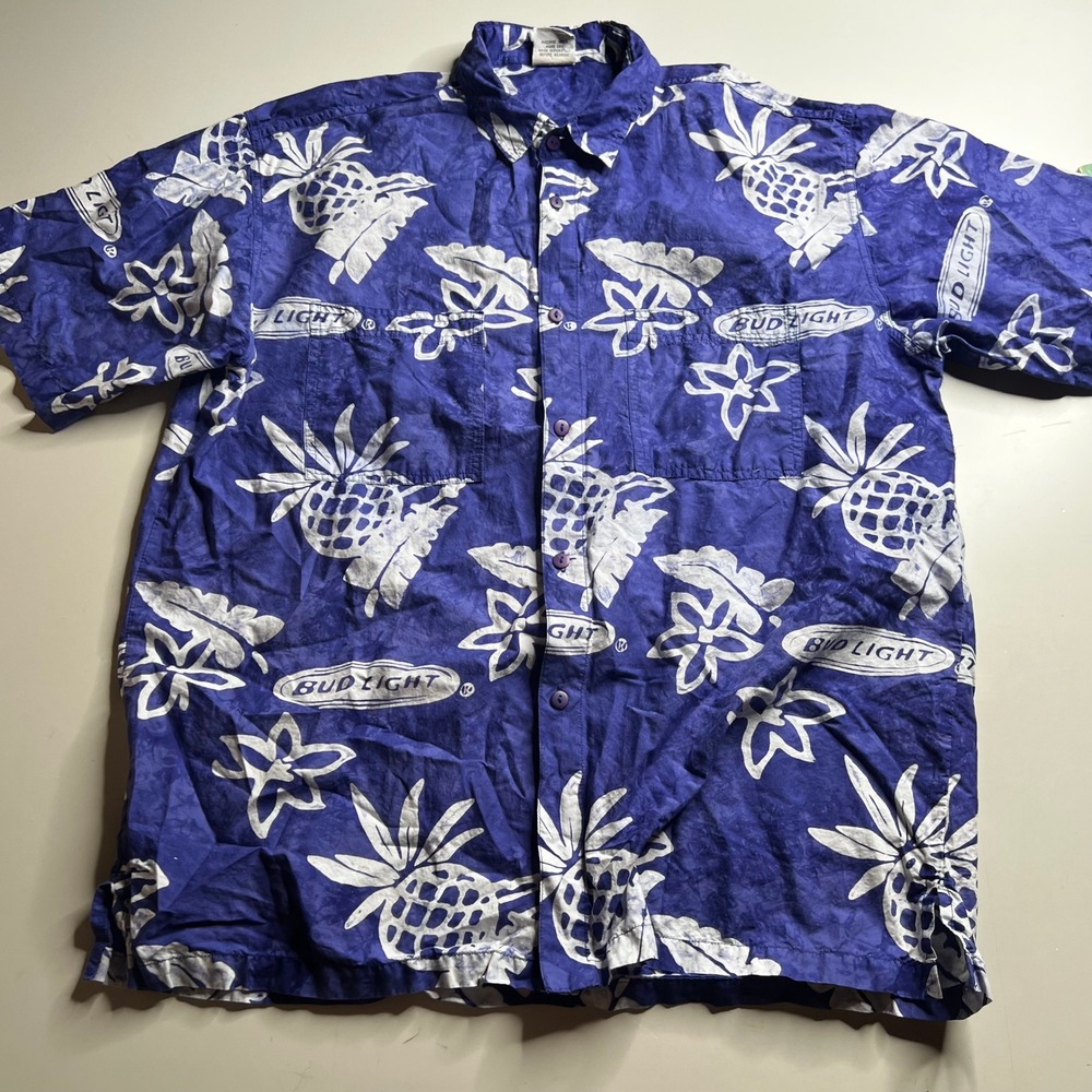Rum Reggae Bud Light Hawaiian Shirt Mens‎ XL Purple Cotton Pineapple Vintage